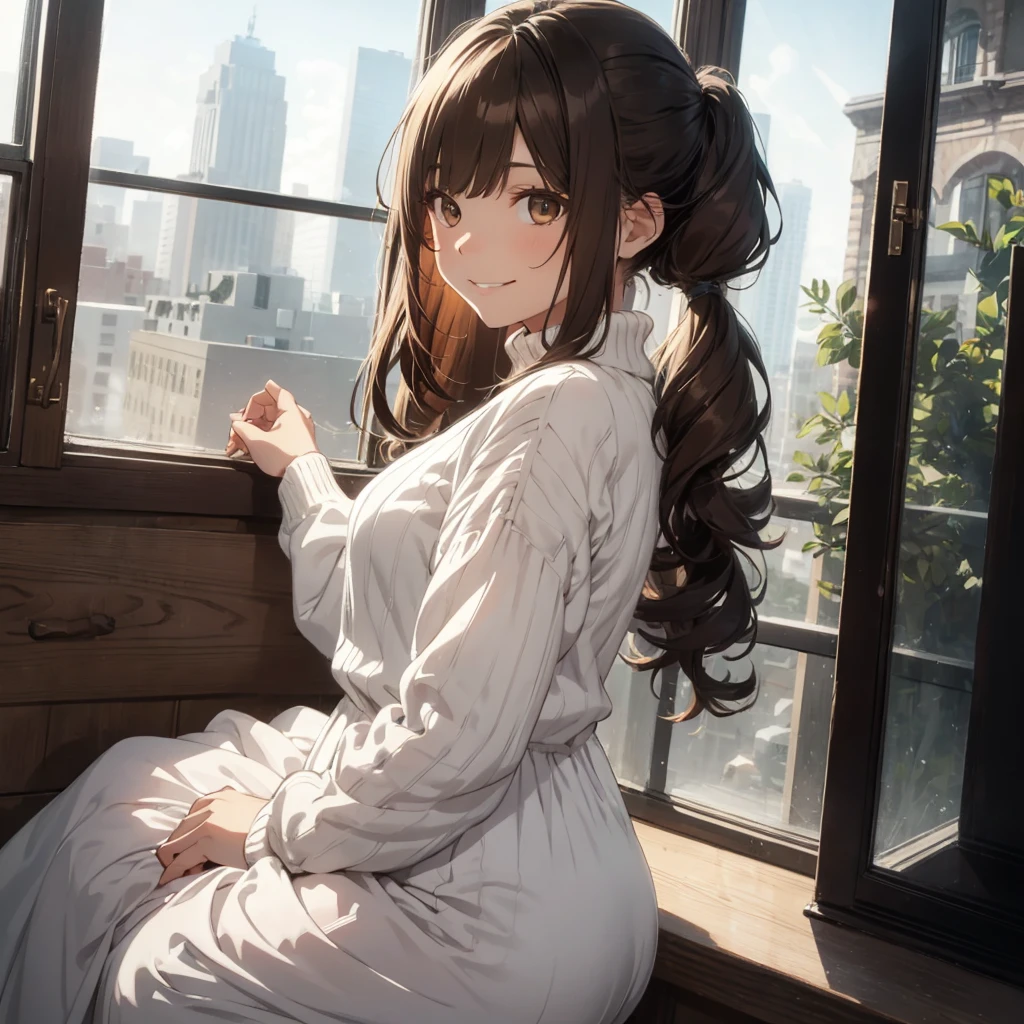 drawing of a woman in a white outfit looking out a window, 1girl, solo, twintails, dutch angle, skirt, long hair, long sleeves, day, brown hair, white sweater, smile,  white dress, Summer vacation，