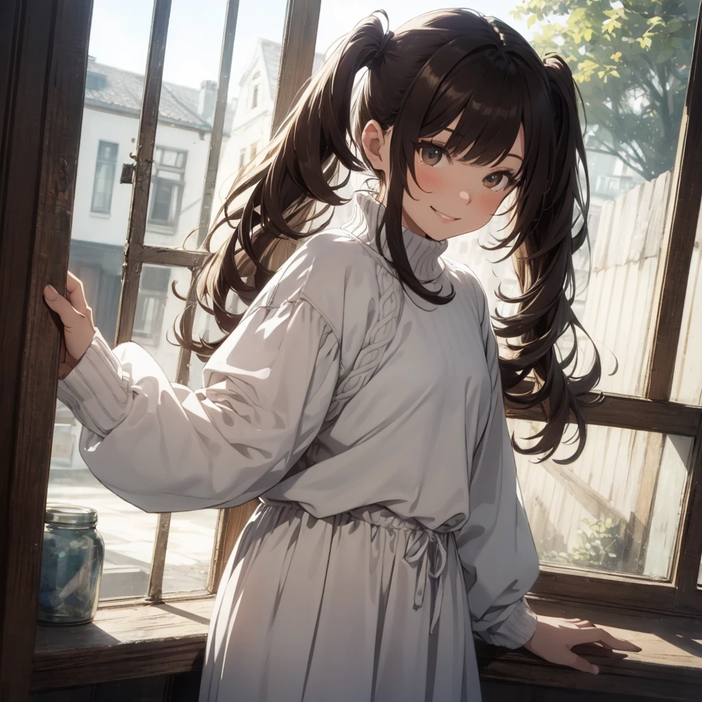 drawing of a woman in a white outfit looking out a window, 1girl, solo, twintails, dutch angle, skirt, long hair, long sleeves, day, brown hair, white sweater, smile, white dress, Summer vacation,