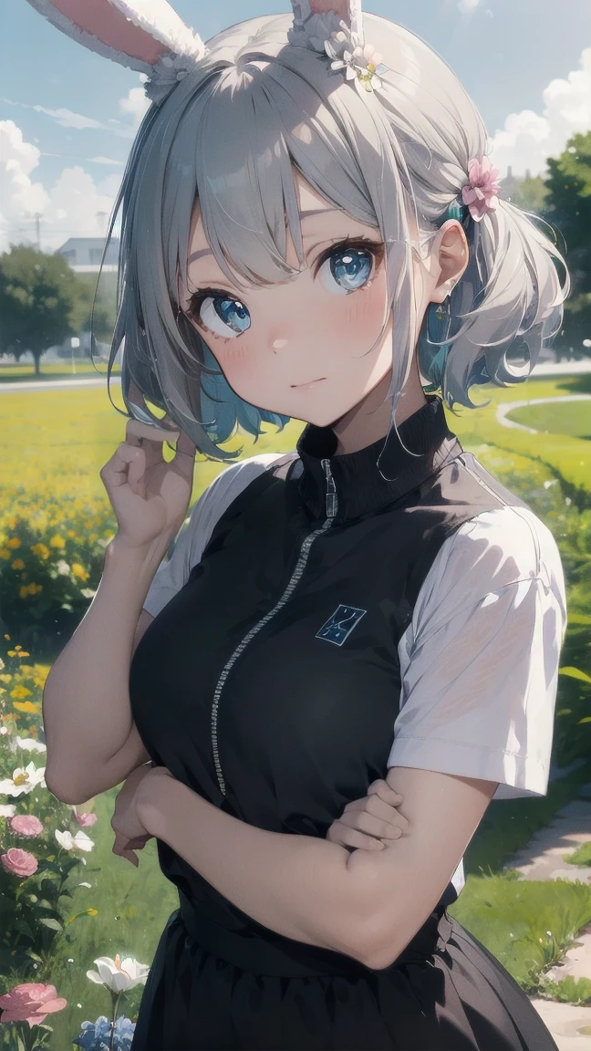 Highest quality, pretty girl, pastel colour, Fluffy bunny ears,Silver Hair,Blue colored eyes,Flower Field