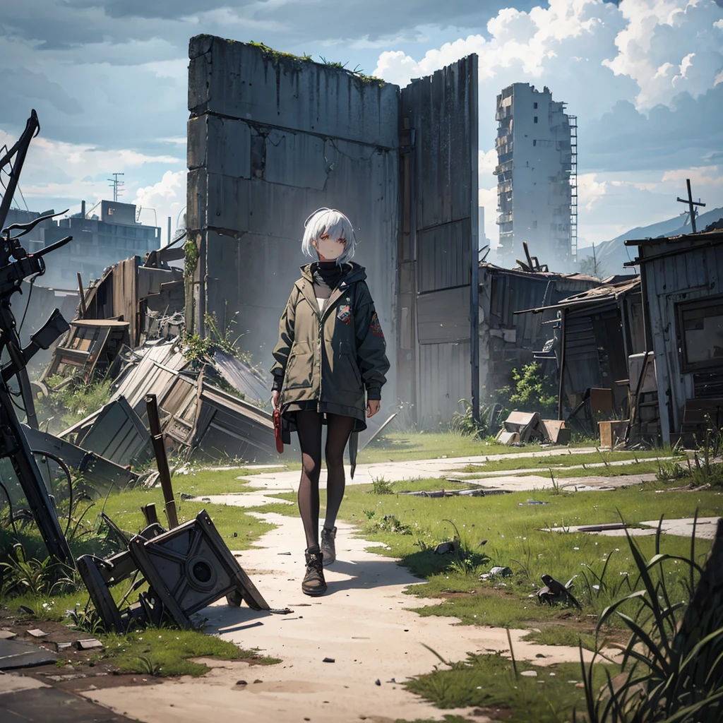Design a character sheet that not only shows a young apocalypse survivor but also the environment in which she lives. She stands amidst a desolate landscape: ruined buildings overgrown with vegetation, abandoned vehicles, and broken roads. The sky is ominously gray, with clouds threatening storms. Around her, there are signs of a lost civilization: a fallen traffic sign, a rusted bicycle, and remnants of an improvised campsite. The young woman appears in harmony with her surroundings, showing how she has learned to adapt and survive in this inhospitable world. The design sheet should reflect how her environment has shaped her appearance and skills, highlighting her ingenuity and adaptability.