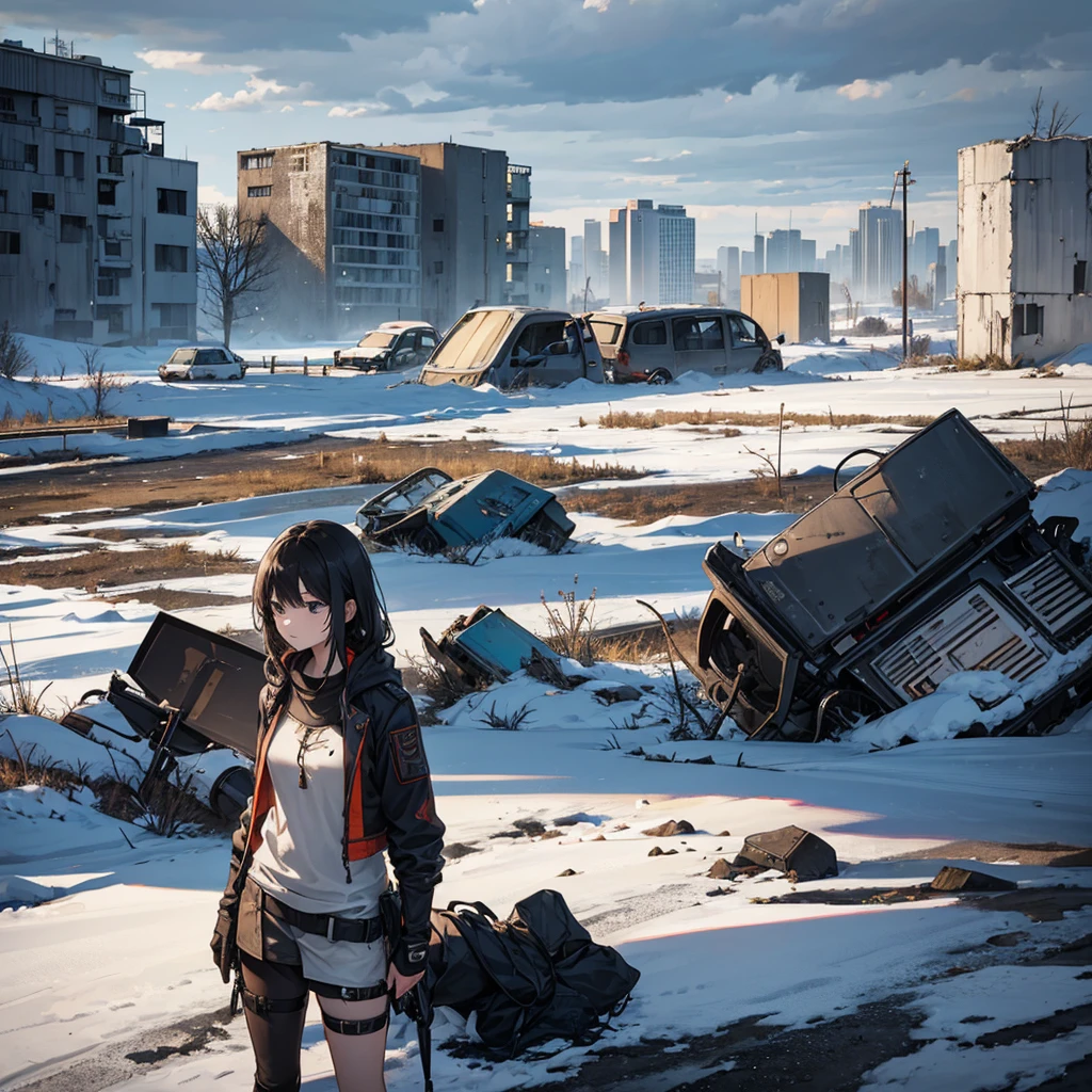 Design a character sheet that not only shows a young apocalypse survivor but also the environment in which she lives. She stands amidst a desolate landscape: ruined buildings overgrown with vegetation, abandoned vehicles, and broken roads. The sky is ominously gray, with clouds threatening storms. Around her, there are signs of a lost civilization: a fallen traffic sign, a rusted bicycle, and remnants of an improvised campsite. The young woman appears in harmony with her surroundings, showing how she has learned to adapt and survive in this inhospitable world. The design sheet should reflect how her environment has shaped her appearance and skills, highlighting her ingenuity and adaptability.