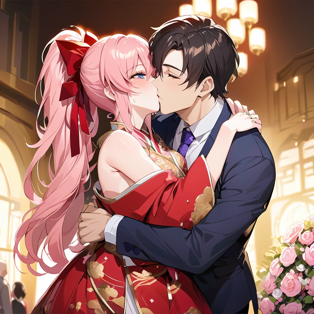 ((Highest quality)), ((masterpiece)), (detailed), （Perfect Face）、The woman is Lacus Clyne, with blue eyes and semi-long pink hair tied up in a ponytail. She is dressed in a gorgeous red wedding kimono with gold embroidery and trim, and is adorned with gorgeous accessories and an engagement ring.、The woman and a handsome, dignified middle-aged Chinese man embrace each other, kiss each other, and hold a grand wedding ceremony.