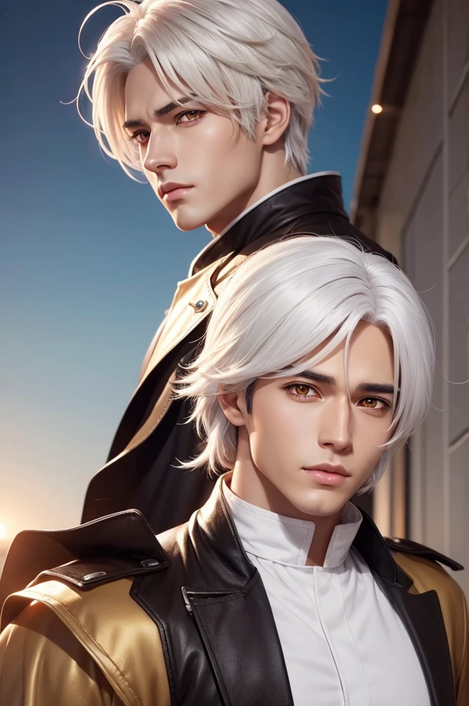 Create an anime-style male character with brown skin, bright golden eyes and white hair