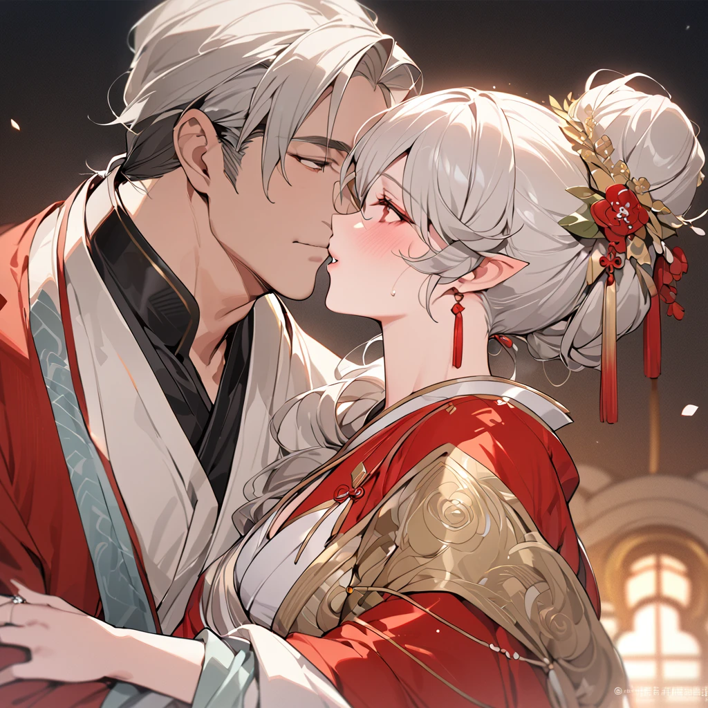 ((Highest quality)), ((masterpiece)), (detailed), （Perfect Face）、The woman has her medium-long silver hair tied up in a bun, is wearing a gorgeous red wedding Hanfu with gold embroidery and trim, and is lavishly dressed with gorgeous accessories and an engagement ring.、The woman and a handsome, dignified middle-aged Chinese man embrace each other, kiss each other, and hold a grand wedding ceremony.