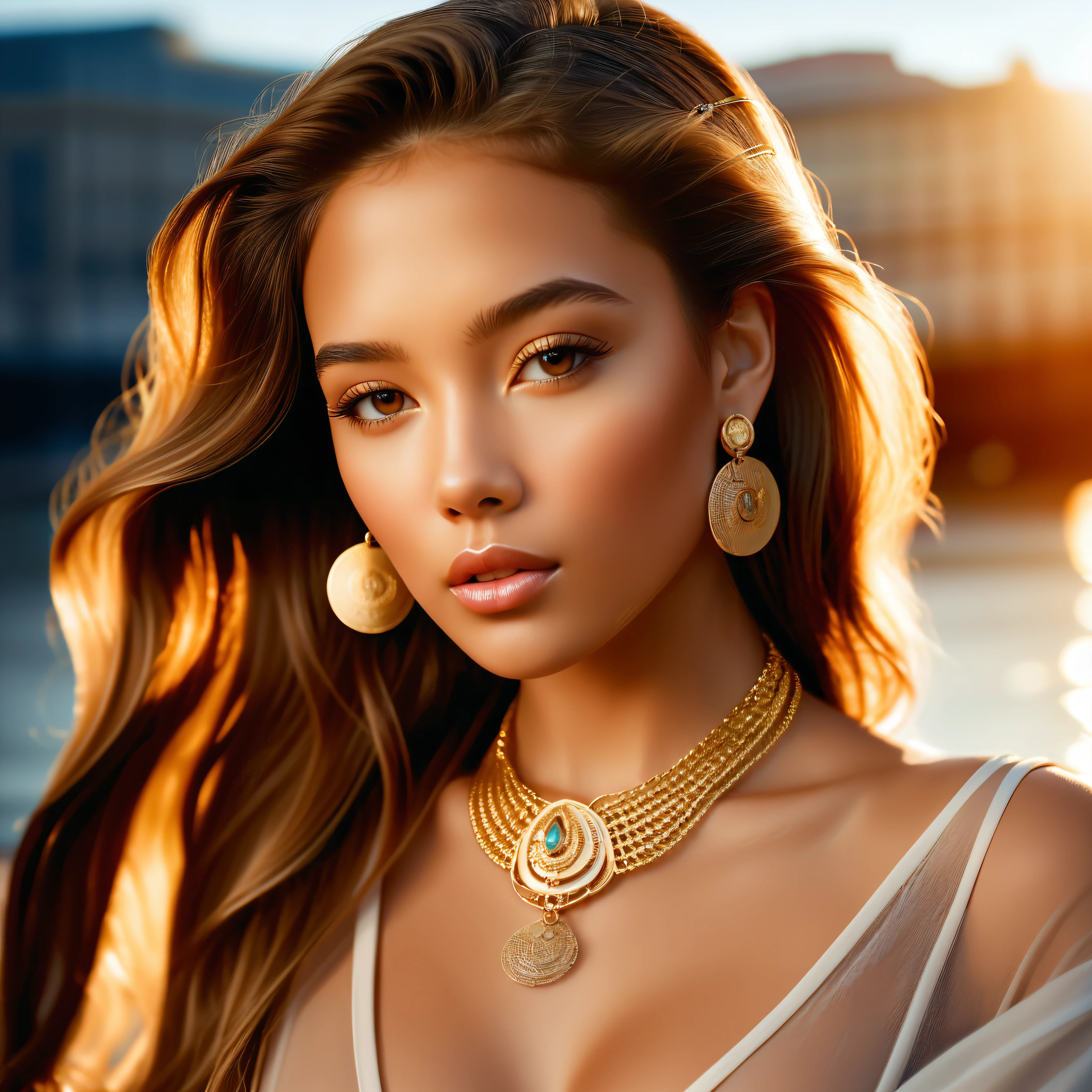 sunset age The photograph showcases a close-up portrait of a young woman posed against a neutral-toned background that complements her complexion. The lighting is soft, diffused evenly to highlight the contours of her face without harsh shadows, suggesting the use of a broad light source or a reflector to achieve such balanced illumination. Her hair is swept to one side, styled to move with the wind, which adds a dynamic element to the image. The color palette is harmonious, with her tan outfit and golden accessories creating a warm, monochromatic effect. She's adorned with bold, statement jewelry—a large golden link chain as a choker and chunky lettered earrings, both contributing to a luxe aesthetic. Her finger, placed gently against her lips, draws attention to her face, which is the clear subject of the composition. She wears a broad, studded cuff on her wrist that echoes the style of the necklace, and her expression is contemplative, with her gaze slightly averted from the camera, inviting viewers to ponder her thoughts. Technically, the depth of field is shallow, keeping her features in sharp focus while softly blurring the background, which suggests the use of a lens with a wide aperture. The composition employs a tight framing that captures the model from the chest up, emphasizing her expression and the fine details of her accessories. The overall effect is one of understated elegance and high-fashion sensibility.