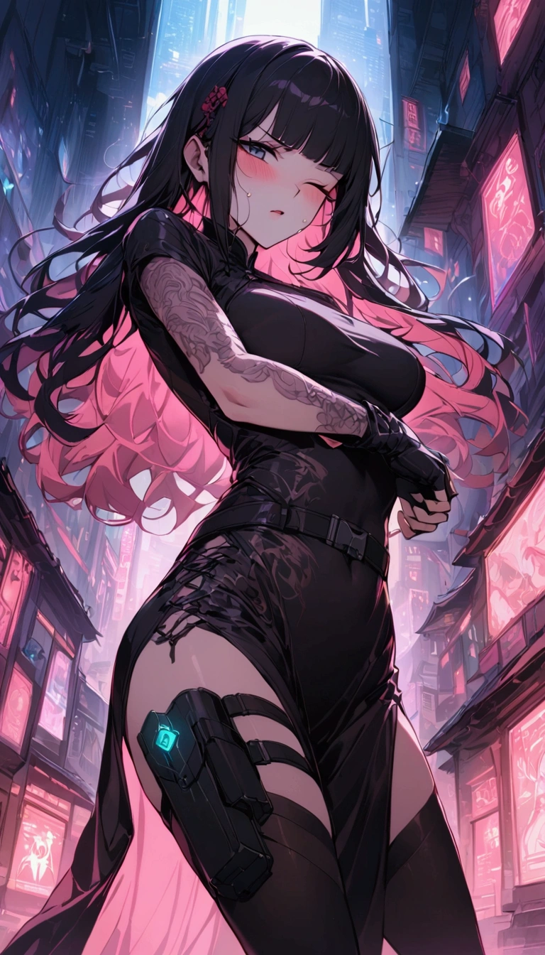 Dynamic composition,dutch angle,from side,{{masterpiece}}, {{{Highest quality}}},{{Very detailed}},{{Fight}},{{fighting stance:1.6}},{{critical situation:1.6}},{{hold down one's stomach with one's hands:1.6}},1girl,30years old,{Mature Woman}},cyberpunk,{{RED Chinese clothing:1.2}},Red short sleeves Chinese dress,pelvic curtain,black stockings,belt,black fingerless gloves,Lace arm covers,holster,{{Grit your teeth:1.4}},one eye closed, ,{{v-shaped eyebrows}},Bad mood,blush,Sweat,raise one's eyebrows ,{{View your viewers}}、straight long hair ,blunt bangs.abdominal pain ,{{pain}},Inside the dojo,indoor