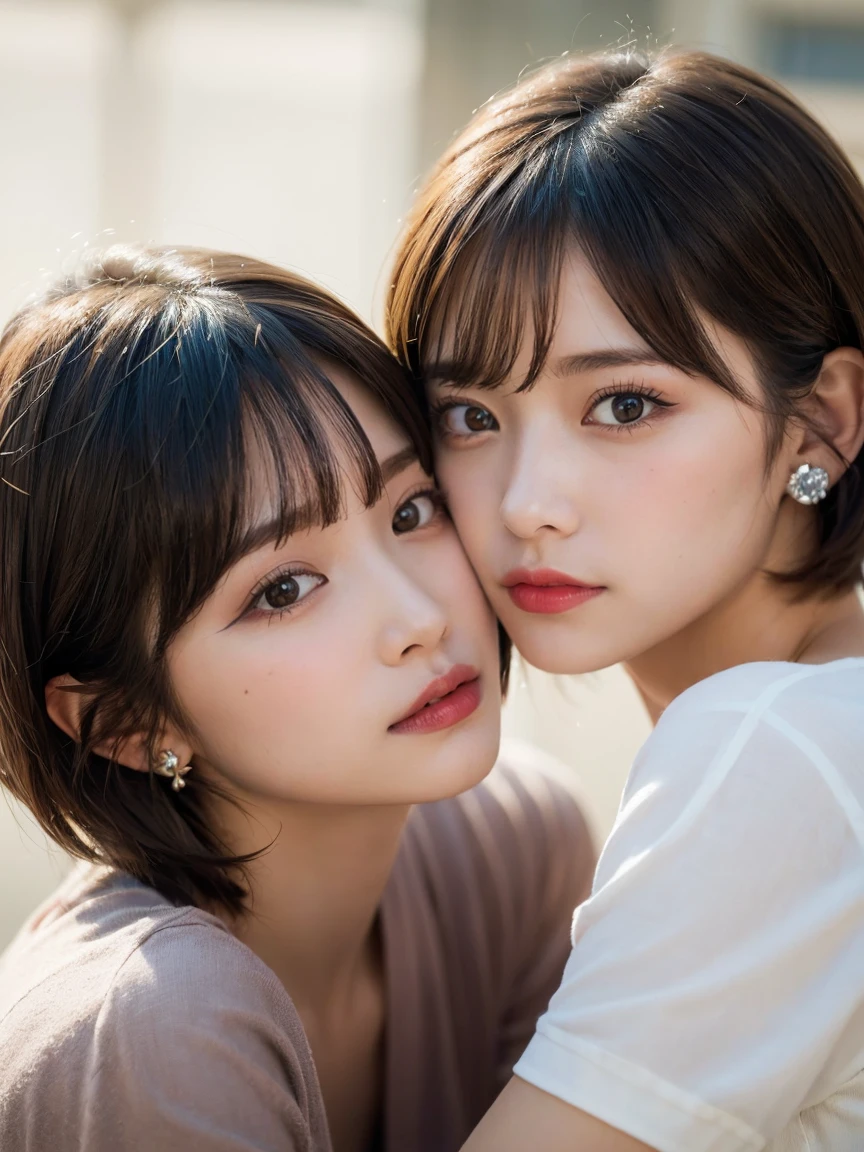 (highest quality, masterpiece), (two beautiful girl is deeply in love with each other, kiss:1.2), Brown eyes, ((Pixie cut with bangs)), Earrings, lips, short sleeve, Realistic, Tight waist, Charm, Colorful Makeup, Long eyelashes, Fair skin, (cute), (Detailed face), Detailed eyes, Detailed Iris,