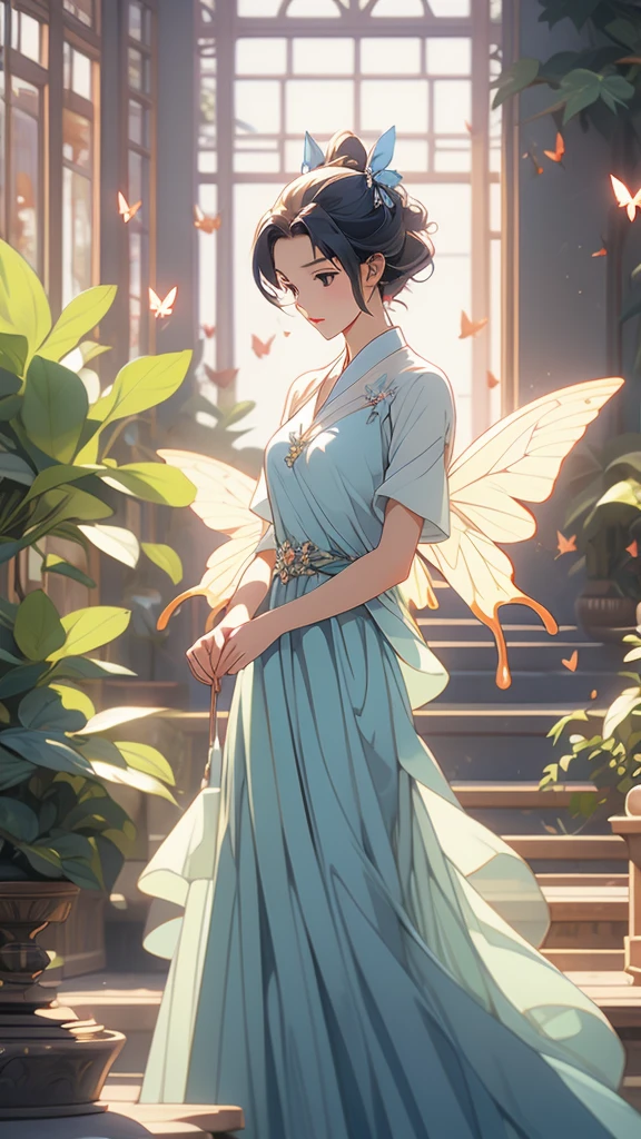 1 Solo Woman, Overview, (Gorgeous and Elegant Dress), Mature Female, /(Beige Hair/) Bangs, (Slight Smile: 0.8), (Masterpiece of Best Quality: 1.2) Fine Illustration with Super Detail, Breasts BREAK (Red Butterfly), (Realistic Blue Butterfly: 1.1), (Glowing Wings: 1.1) BREAK (Elegant Greenhouse) Indoor, Plants, (Soft Lighting) Afternoon, Detailed Background,