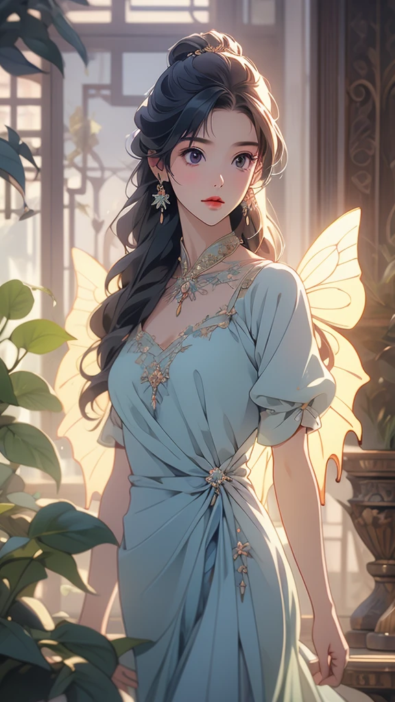 1 Solo Woman, Overview, (Gorgeous and Elegant Dress), Mature Female, /(Beige Hair/) Bangs, (Slight Smile: 0.8), (Masterpiece of Best Quality: 1.2) Fine Illustration with Super Detail, Breasts BREAK (Red Butterfly), (Realistic Blue Butterfly: 1.1), (Glowing Wings: 1.1) BREAK (Elegant Greenhouse) Indoor, Plants, (Soft Lighting) Afternoon, Detailed Background,