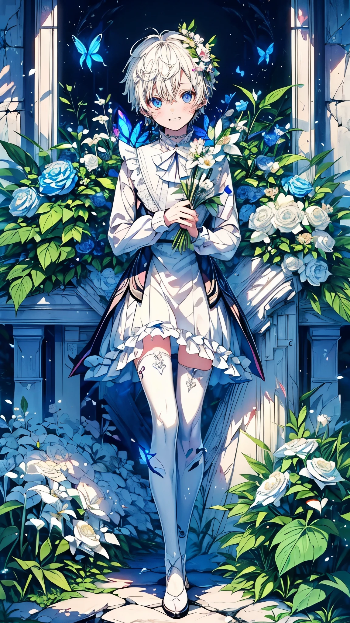 (Mastepiece), (Best Quality), Very detailed, (1 boy:1.5), (Full body solo shot:1.4), Perfect Face, Beautiful Boy, Very detailedな顔,(White Hair Short Hair:1.5),(Blue eyes:1.4),(White frilly shirt:1.4)、(Lots of butterflies々:1.4)、bird、(ruins、Plants、flower:1.4)、Fairy、mysterious、Fantasy、beautiful、beautiful、(Close your eyes and laugh:1.3)、(Happy Face:1.4)、A big smile