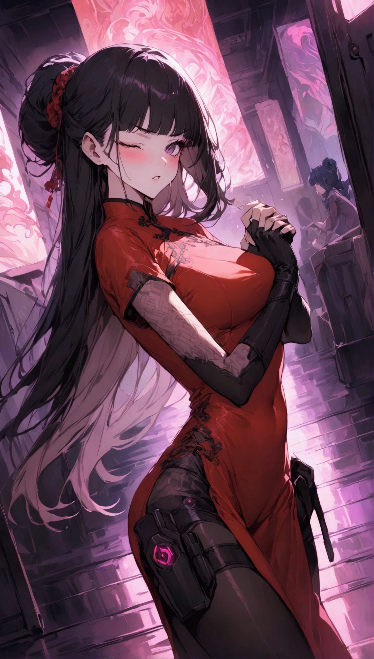 Dynamic composition,dutch angle,from side,{{masterpiece}}, {{{Highest quality}}},{{Very detailed}},{{Fight}},{{fighting stance:1.6}},{{critical situation:1.6}},{{hold down one's stomach with one's hands:1.6}},1girl,30years old,{Mature Woman}},cyberpunk,{{RED Chinese clothing:1.2}},Red short sleeves Chinese dress,pelvic curtain,black stockings,belt,black fingerless gloves,Lace arm covers,holster,{{Grit your teeth:1.4}},one eye closed, ,{{v-shaped eyebrows}},Bad mood,blush,Sweat,raise one's eyebrows ,{{View your viewers}}、straight long hair ,blunt bangs.abdominal pain ,{{pain}},Inside the dojo,indoor