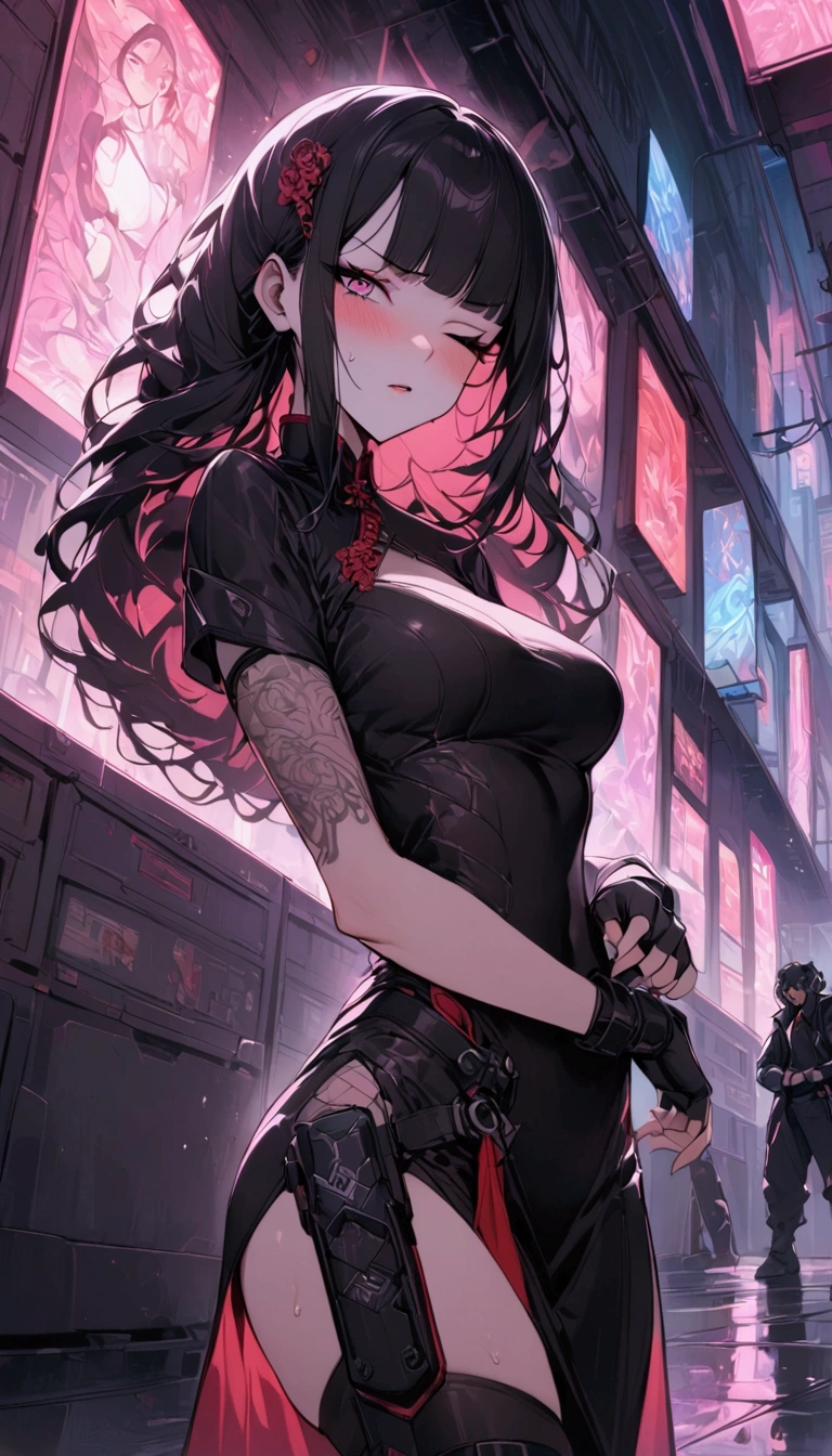 Dynamic composition,dutch angle,from side,{{masterpiece}}, {{{Highest quality}}},{{Very detailed}},{{Fight}},{{fighting stance:1.6}},{{critical situation:1.6}},{{hold down one's stomach with one's hands:1.6}},1girl,30years old,{Mature Woman}},cyberpunk,{{RED Chinese clothing:1.2}},Red short sleeves Chinese dress,pelvic curtain,black stockings,belt,black fingerless gloves,Lace arm covers,holster,{{Grit your teeth:1.4}},one eye closed, ,{{v-shaped eyebrows}},Bad mood,blush,Sweat,raise one's eyebrows ,{{View your viewers}}、straight long hair ,blunt bangs.abdominal pain ,{{pain}},Inside the dojo,indoor