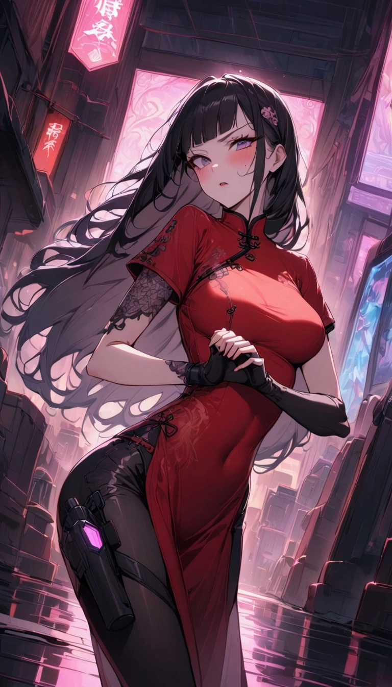 Dynamic composition,dutch angle,from side,{{masterpiece}}, {{{Highest quality}}},{{Very detailed}},{{Fight}},{{fighting stance:1.6}},{{critical situation:1.6}},{{hold down one's stomach with one's hands:1.6}},1girl,30years old,{Mature Woman}},cyberpunk,{{RED　Chinese clothing:1.2}},Red　short sleeves Chinese dress,pelvic curtain,black stockings,belt,black fingerless gloves,Lace arm covers,holster,{{Grit your teeth:1.4}},one eye closed,　,{{v-shaped eyebrows}},Bad mood,blush,Sweat,raise one's eyebrows　,{{View your viewers}}、straight long hair ,blunt bangs．abdominal pain ,{{pain}},Inside the dojo,indoor