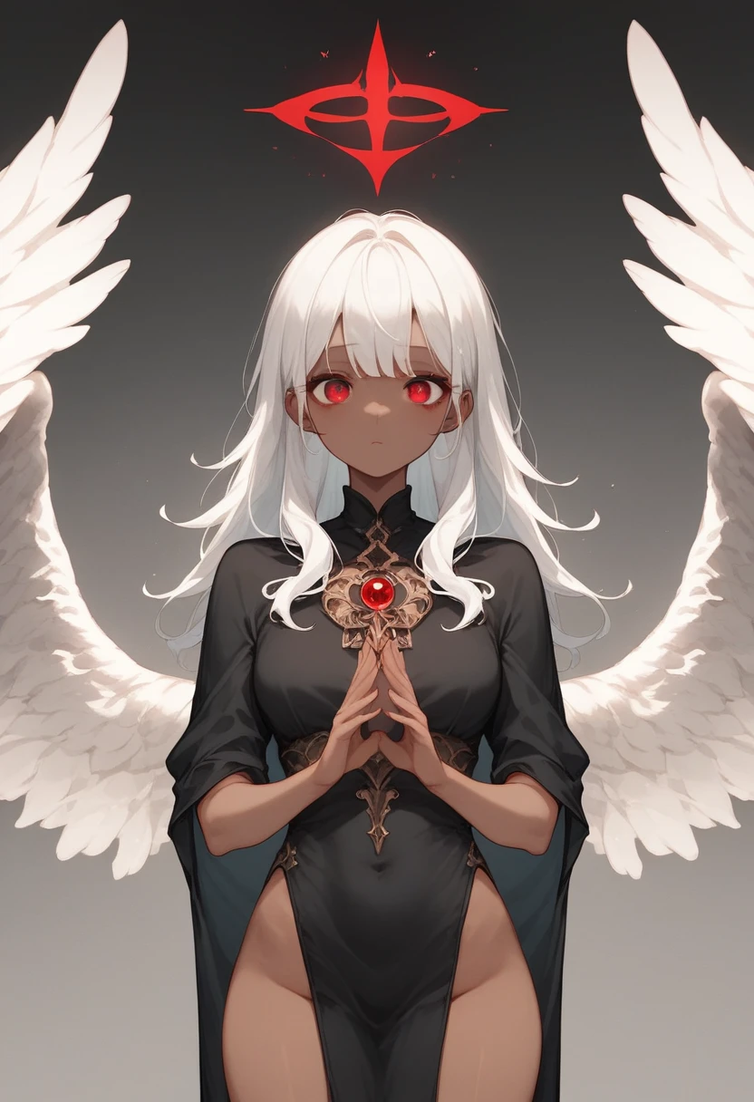 an angel with dark skin, white wings, black dress with a small neckline, red eyes, black cape, long straight white hair,  bangs.  dramatic pose, moody color palette, volumetric light effects