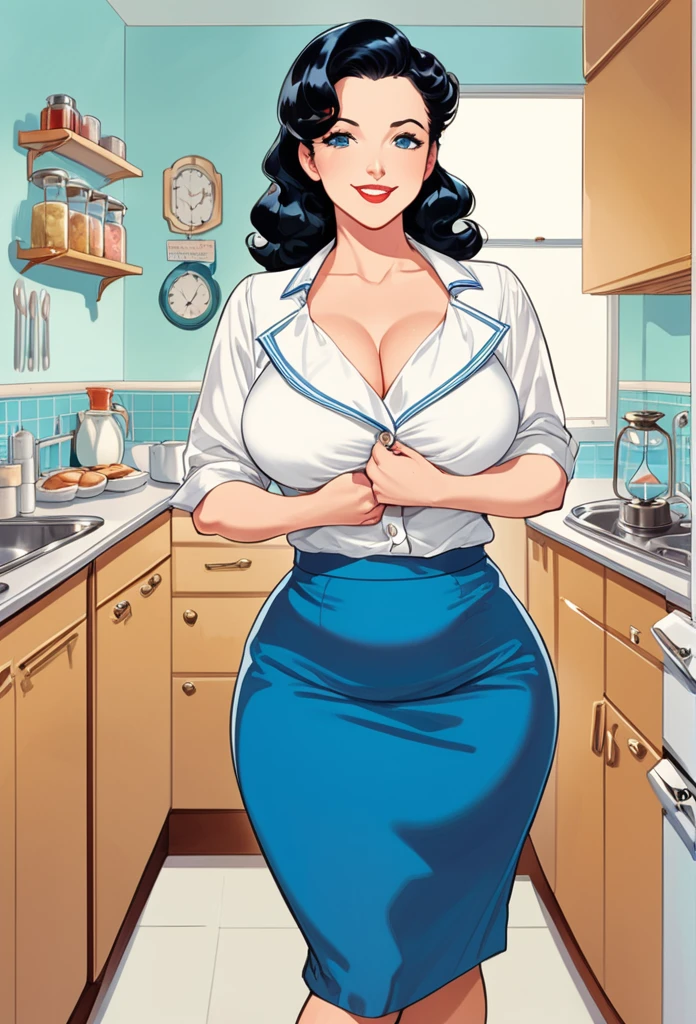 detailed illustration (side view),dynamic angle, ultra-detailed, illustration, pose for the camera, smiling at viewer, clean line art, shading, anime, detailed eyes, detailed face, beautiful face, (1 girl: 1.2), anime, full body, POV from below looking up at woman,
(tight button up white blouse:1.5), cleavage, (leg length blue skirt:2.0), bedroom eyes, come hither eyes, 1950’s style kitchen, long black hair, (well endowed: 1.8), sexy wholesome, motherly, nurturing, MILF, thick, curvy, hourglass body shape, dummy thicc,
