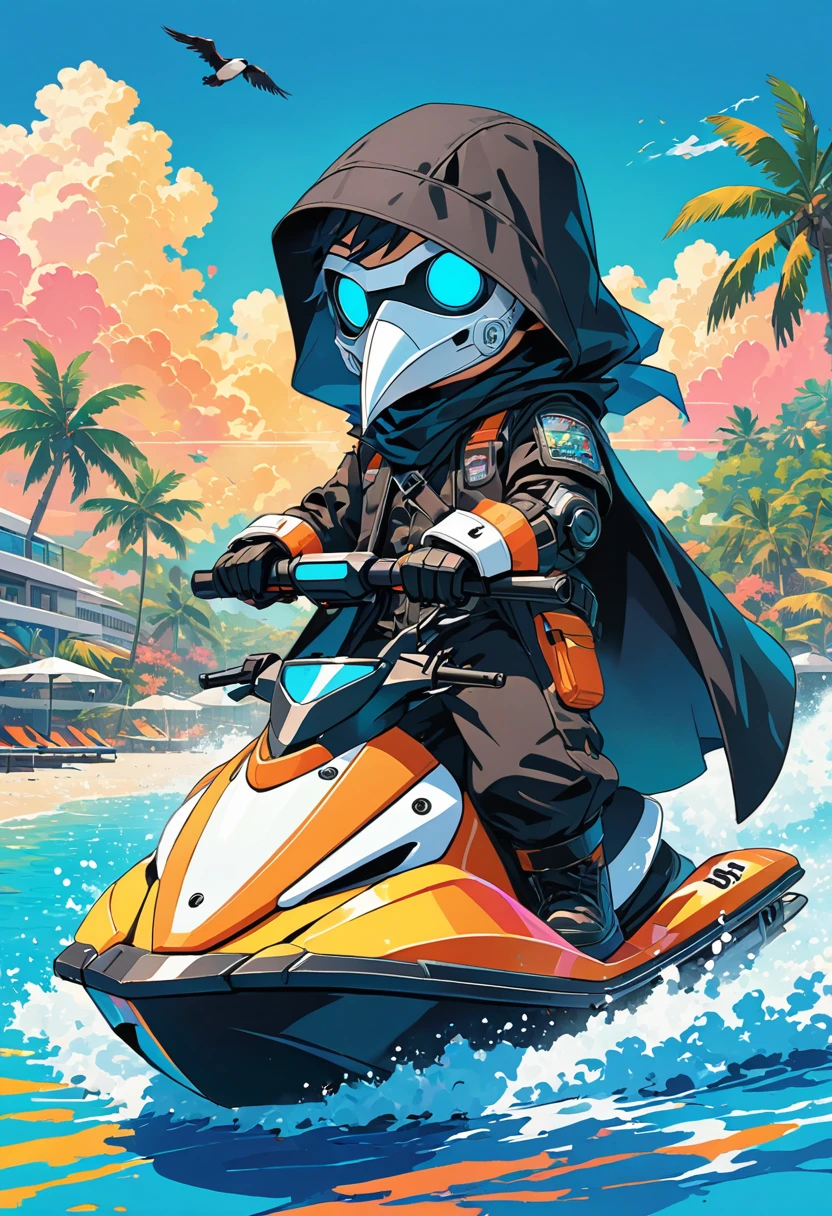 (masterpiece, best quality:1.1), (ultra highres, ultra-detailed:1.2),pop-art style,flatcolor, ((playing jet-ski)),,(in tropical resort,bluesky), BREAK chibi-boy,(male Mad-scientist),(wearing plague-doctor costume,white beak-mask),nice posing,eyes glow blue,black hood,black life-vest, mecha arm,