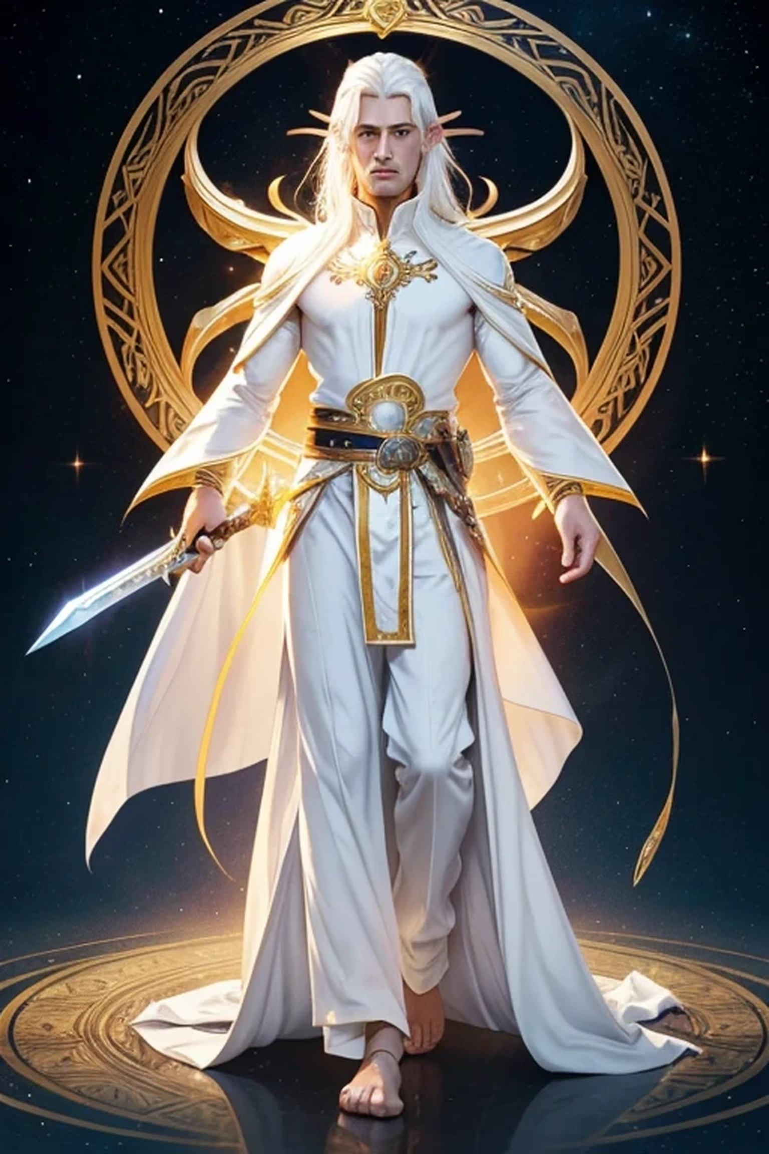 Male human figure frontal position, mango, fancy, warcraft, adult celestial figure, pale white skin, golden lines on the body, non-human face, flat nose, long yellowish white hair, sacred celestial aura, fine robes, elfo, solar corona, floating sword