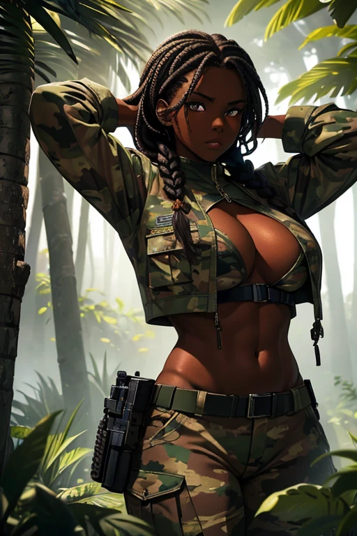 a dark-skinned ebony woman with large breasts, braided hair, wearing camouflage pants and a military jacket, hyper-realistic, extremely detailed, masterpiece, 8k, photorealistic, cinematic lighting, dramatic pose, powerful, intense gaze, muscular physique, military theme, nature background, lush foliage, epic, cinematic composition