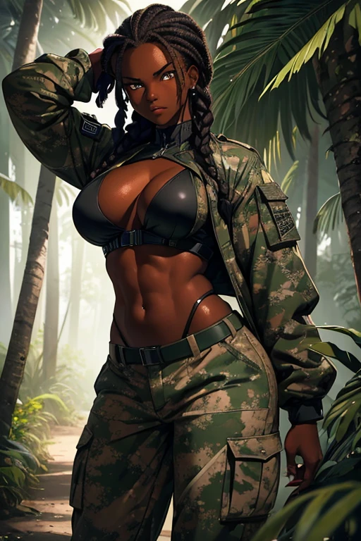 a dark-skinned ebony woman with large breasts, braided hair, wearing camouflage pants and a military jacket, hyper-realistic, extremely detailed, masterpiece, 8k, photorealistic, cinematic lighting, dramatic pose, powerful, intense gaze, muscular physique, military theme, nature background, lush foliage, epic, cinematic composition