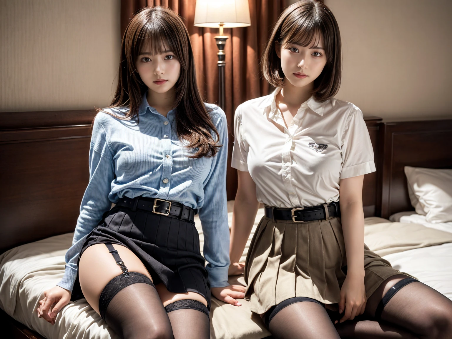 masterpiece, best quality, illustration, Super detailed, fine details, High resolution, 8K,wall paper, perfect dynamic composition,(Details High quality, realistic depiction of eyes:1.3), (2 girls), holster, bobby, Cutter shirt, a belt, suspenders, pleated skirt, garterbelts, knee high Stockings, sitting, open legs, short bob hair, in a hotel room in the background, deep on field, large breasts, black hair color, Big Natural Color Lip, (perfect body shape), crying a little、Harajuku style、20 year old girl、cute type、beautiful legs, Gravure Idol
