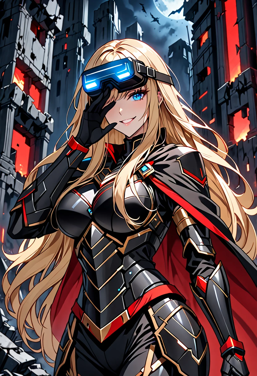 solo, female, sfw, medium shot, huge woman, extremely tall woman, blue eyes, blonde, long hair, black uniform, ((black armor)), black cape, gold trim, red trim, muscular, ruins, smile, military cap, one hand on face, yandere pose, baggy breeches, broad shoulders, night, close up, looking at viewer, futuristic, head-mounted display, display covering eyes