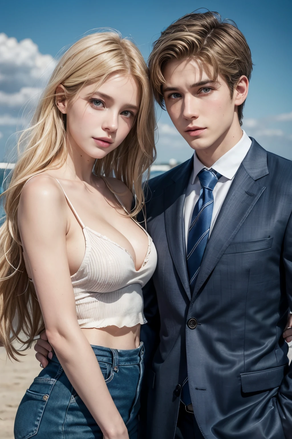 Watercolor realistic cartoon. Book cover about two brothers in love with a woman. One of them is a businessman, the other a romantic traveler. She is angelic and perfect natural blonde with platinum highlights. Short wavy hair. Pediatrics university student in Argentina. Sculptural body resulting from genetic inheritance. Humble and simple.