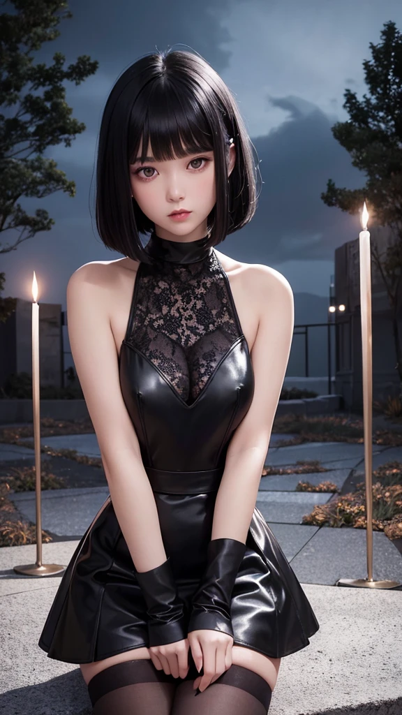 Delicate and dainty young woman with shiny bob-cut black hair. She is wearing black sexy dress with mini-skirt. The background is a fantastic and ethereal night sky that seems to be haunted by a specter. Her expression is stern and atmospheric. , real photo style, beautiful face, stockings, F-cup