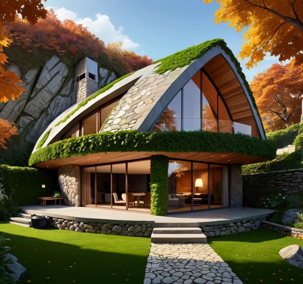 1 leaf-shaped house, modern style, with big windows, stone and wood walls.