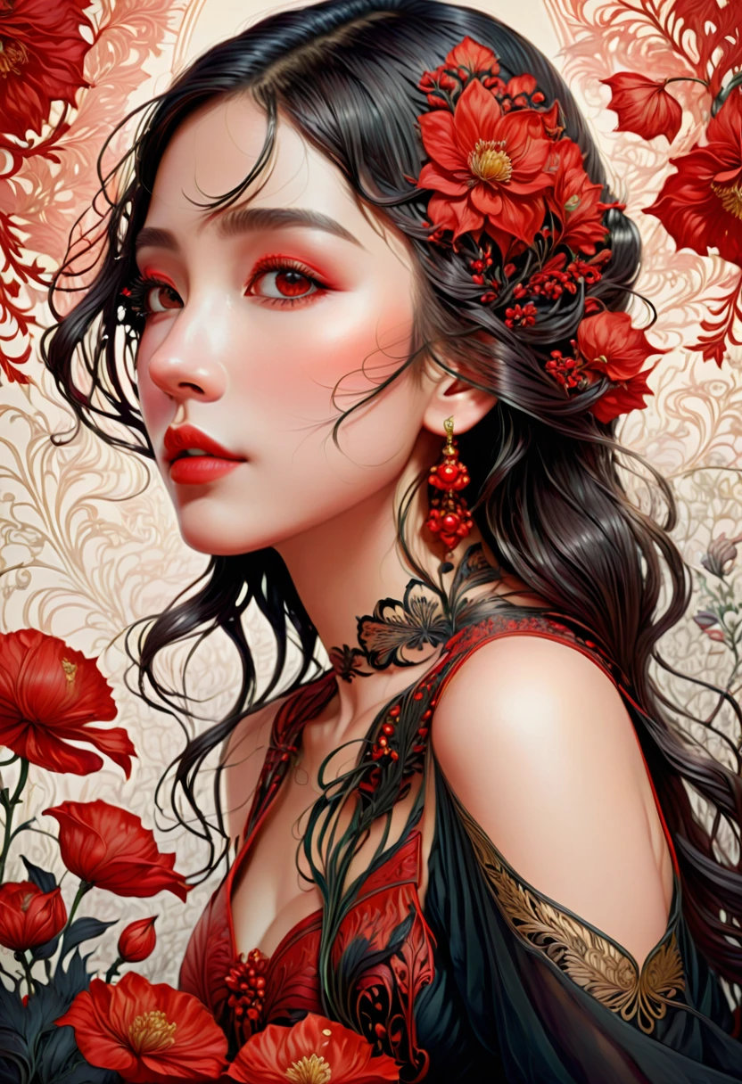 (masterpiece, best quality:1.2), 1 girl, alone,beautiful face,Red Reminimalist Art Nouveau,illustration style,black and red,flowers