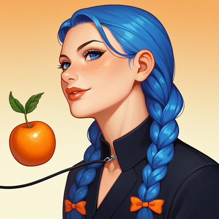 1 girl, Blue hair version dress, cable mesh, aretes, eyelash, takeout, freckles, fruta, blue colored eyes, jewerly, lips, long hair, long sleeves, looking ahead at viewer, mandarin orange, orange \(fruta\), orange slice,ful dressed de alça branco com flores, orange theme, standing alone, ful dressed, twin braids, trunk