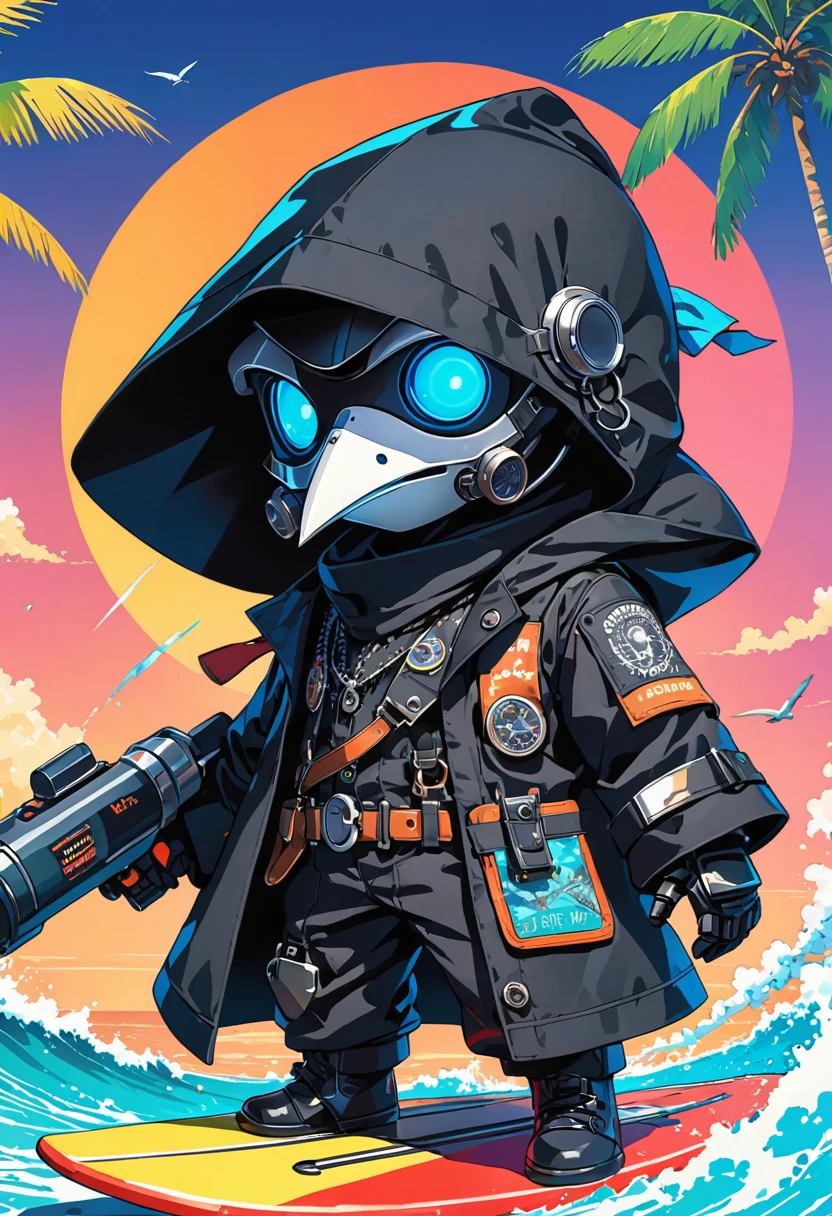 (masterpiece, best quality:1.1), (ultra highres, ultra-detailed:1.2),pop-art style,flatcolor, ((riding surfboard)),(in tropical sea,bluesky), BREAK chibi-boy,(male Mad-scientist),(wearing plague-doctor costume,white beak-mask),eyes glow blue,nice posing,black hood,black life-vest, mecha arm,