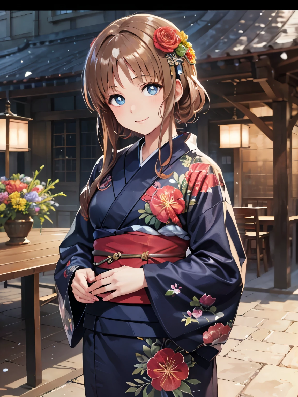 Highest quality、(Anime illustration style:1.3),High resolution、whole body、可愛いsmile、Standing、 1 girl, alone, Highest quality, Tabletop, 8k, High resolution, Very detailedな, Closed Mouth、Pink kimono、yukata、1 girl、Beautiful Eyes, Sharp pupils, Realisticな学生, Depth of written border, Sharp focus, (Very detailed, bloom, Shine:1.5)、(Genuine、Realistic、Realistic)、High resolution、超High resolution、Ultra-fine painting、smile、Cowboy Shot