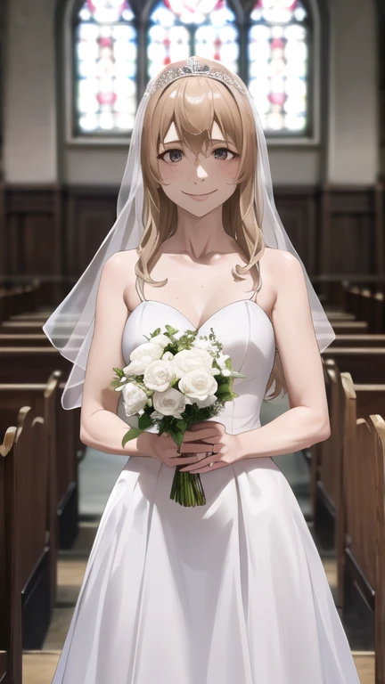 masterpiece, best quality, highres, aoki1, brown eyes, freckles, church, wedding dress, holding bouquet, cowboy shot, smile,