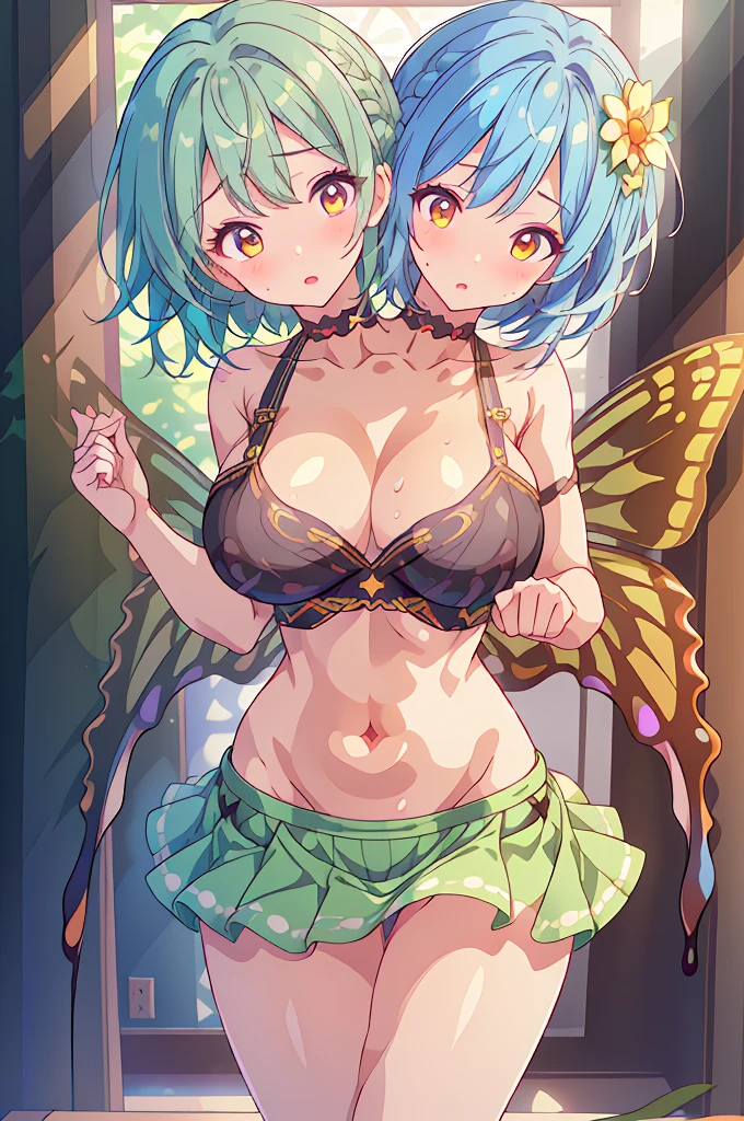 (masterpiece, best quality), best quality, (ultra-detailed), (3heads:1.5), 1girl, (eternity larva:1.3), masterpiece, best quality, ultra quality, ultra resolution, black crop top, crop top, ((stomach)), midriff, ((groin)), very light green skirt, floral pattern on skirt normal ears, shackles, short light hair, short hair, peach-colored eyes, very detailed eyes, parted lips, extremely detailed eyes, sweat, cute, toned belly, hand on own chest, eyelashes, (25 year old woman:1.3), (masterpiece:1.5), (best quality:1.5), (beautiful detailed), extremely detailed CG, extremely delicate and beautiful, depth of field, (finely detailed face), (perfect details:1.3), (mature female:1.3), wide pelvis, slender, large veiny breast, 16k resolution, highres, high quality, high definition, extremely detailed, masterpiece, short light blue hair, short hair, alluring presence, braid, short skirt, close up, very big , huge breasts, young, black and yellow wings, huge butterfly wings on back, spotted with bits of blue and purple, 3heads, girl with three heads, three headed girl,
