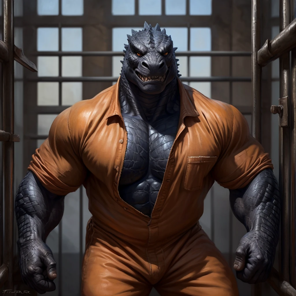 Prison setting, prison cell, Godzilla, equine, orange clothing, prison jumpsuit, flex, muscular, barazoku, evil grin, torn clothing,
by taran fiddler, [by morticus], (Sharp focus, masterpiece, 8k, intricate artwork, hyper detailed, high detail),
