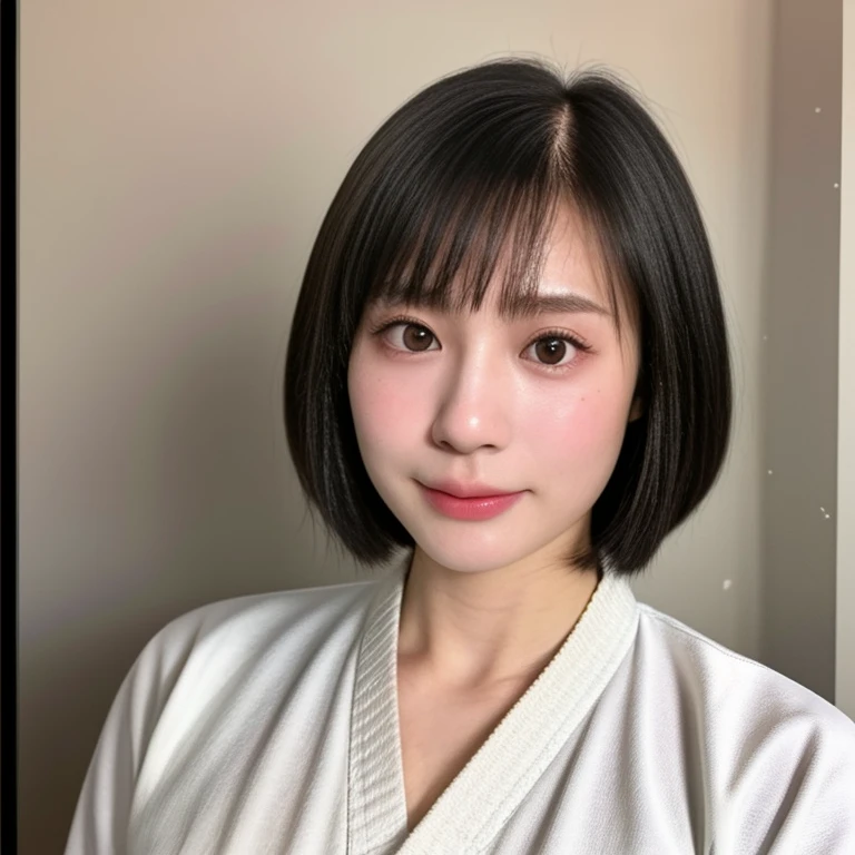 (kawaii 24 year-old Japanese girl, Nogizaka idol, Korean idol, judo player), healthy female athlete body, (glossy black hair, short hair, pixie cut, bangs:1.3), (rounded face, beautiful black eyes, single eyelid, no makeup, serious expression:1.2), (wearing white judo wrestling uniform:1.3), extra small breasts, BREAK, (plain white background:1.2), (facing straight at camera, id photo, yearbook photo, bust shot:1.2), BREAK, (masterpiece, best quality, photo realistic, official art:1.4), (UHD, 8K quality wallpaper, high resolution, raw photo, golden ratio:1.3), (shiny skin), professional lighting, physically based rendering, award winning, (highly detailed skin, extremely detailed face and eyes), Carl Zeiss 85 mm F/1.4, depth of field, 1girl, solo,