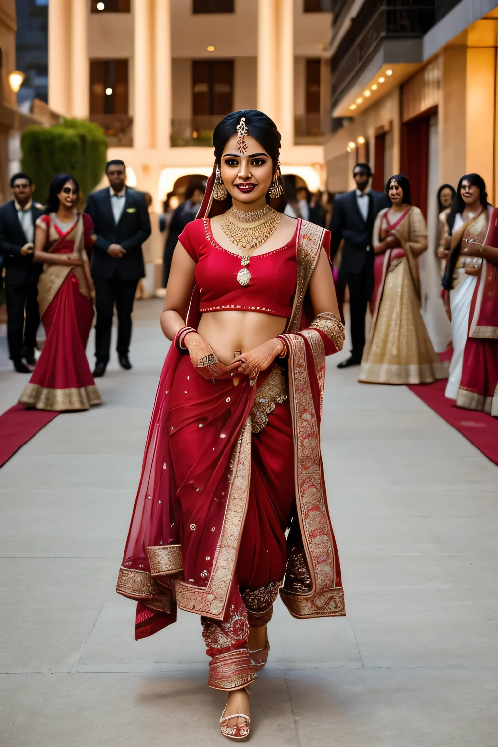 One prity indian bride weared red lahanga with red top, she feet have beautiful dision, red lips, she wearing blue stone necklace with nose pin, she walking on red carpet, full figure head to feet