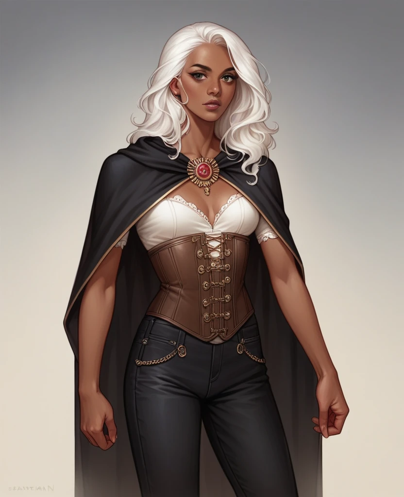 ((best quality)), ((masterpiece)), (detailed), 1girl, mixed race girl, African American + Caucasian girl with lighter skin, young woman, beautiful, skinny, white hair, modern western attire, dark cloak, wearing casual clothes underneath cloak, black pants, 2024 style corset top (modern look, no shirt underneath), 