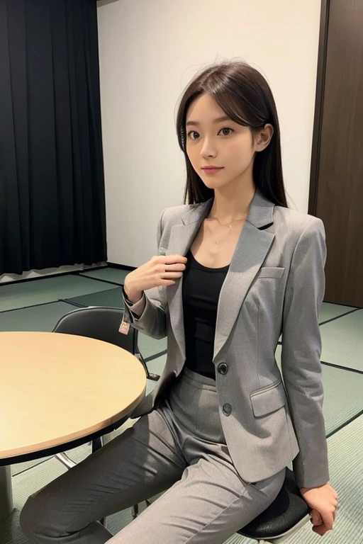 Japan people、Skinny athletic model、Flat Chest、A 13-year-old like a junior idol、Indoor swimming pool、肩のSunburn markが見えている、Sweaty、Wet、Hairstyle：Tie it up at the back、smile、Sunburn mark、