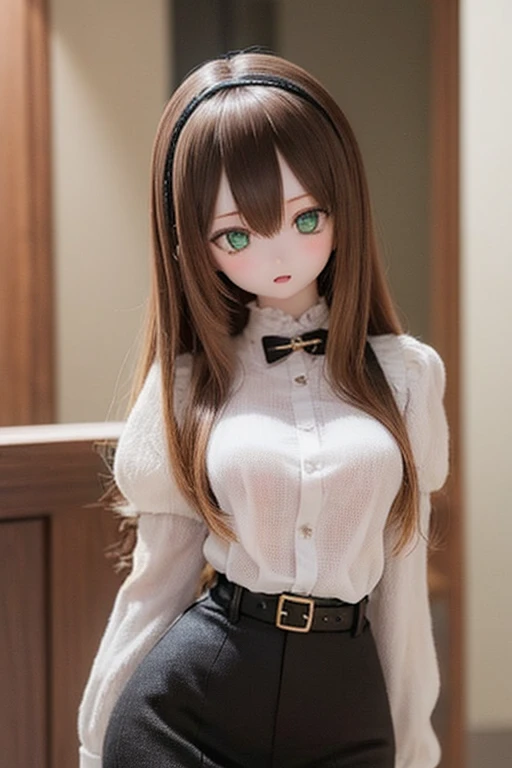 (SFW:2), photorealistic, realistic photo, ((highest quality)), ((masterpiece)), ((extremely detailed)), kukolnydom, doll, (mature woman, 22yo, 22 years old:1.6), solo, ((cowboy shot, sitting on sofa, reclining on sofa, arms by sides, skinny, slender, slim)), green eyes, parted lips, (brown hair, looking down, blank eyes, empty eyes, detailed eyes, detailed face:1.3), cardigan, blouse, ascot, pleated skirt, pantyhose, museum, 8k