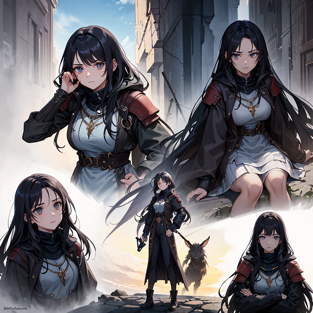 Create a character design sheet that explores the personality of a young apocalypse survivor through her expressions and body language. Show a variety of facial expressions: determination, sadness, fury, and a rare smile of hope. In one section of the sheet, the young woman is shown in various poses: crouched and alert, running with a focused expression, and sitting thoughtfully, gazing at a pendant in her hand. These details convey her resilience, intelligence, and the internal struggles she faces as she navigates a ruined world. The design sheet should capture both the toughness and vulnerability of a young woman who has had to grow up quickly to survive.