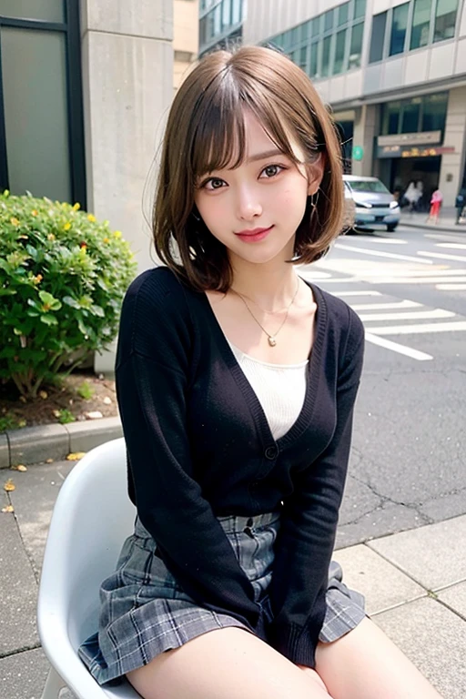 (8k, raw photos:1.2), detailed face and eyes, extremely detailed, ultra-detailed, high quality, masterpiece, hyper detail, sharp focus, realistic, photorealistic, photo-realistic:1.37, cinematic lighting, soft lighting, beautiful girl, blonde hair, bob cut, smiling, sitting on chair, legs spread, zettai ryouiki, skirt, panties visible, ポージング