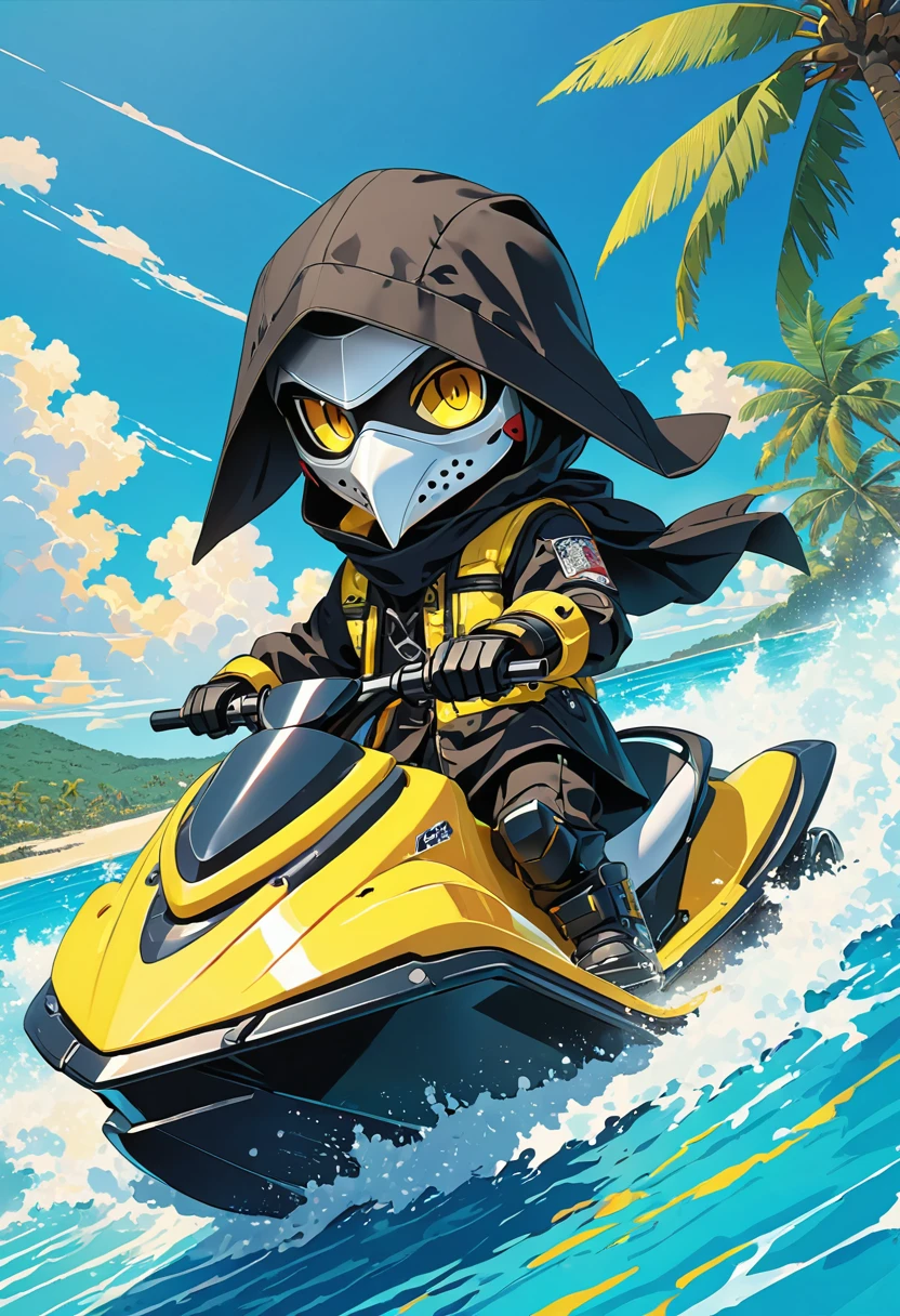 (best quality,highres),robot girl at the beach, large metal hips, wearing a hood with a cape, perched on a rock, near a palm tree, exposed mechanical thighs, butt, cool robotic mask, cyclops, shiny metallic surface, vibrant colors, warm sunlight, sparkling ocean waves, sandy beach, tropical atmosphere, strong and confident pose, futuristic technology, realistic details, intricate designs, beautiful reflection, serene environment