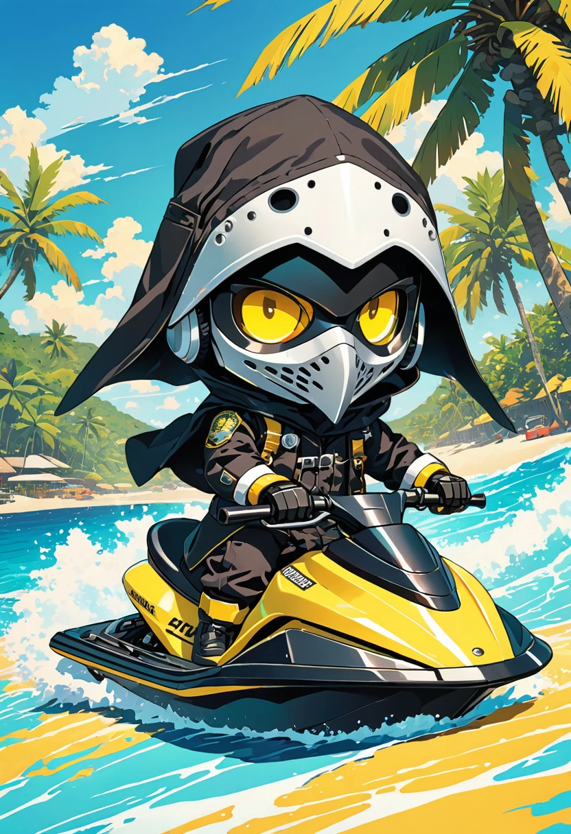 (masterpiece, best quality:1.1), (ultra highres, ultra-detailed:1.2),pop-art style,flatcolor, ((playing jet-ski)),,(in tropical sea,bluesky), BREAK chibi-boy,(male Mad-scientist),(wearing plague-doctor costume,white beak-mask),nice posing,eyes glow yellow,black hood,black life-vest, mecha arm,