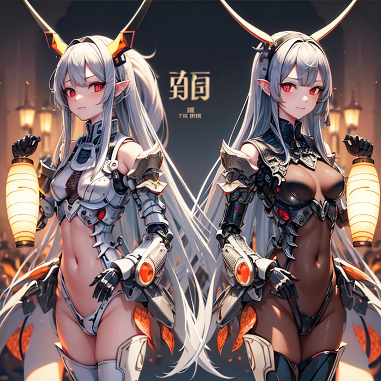 chest, High resolution, sight, smile, Shortcuts, bangs, Red eyes, Headpiece, 目の間のbangs, head band, Horns of the beast, Multiview, Decorative arts, masterpiece, Accurate, Anatomically correct, 最high quality, High resolution, Attention to detail, High resolutionモデル, high quality, Very detailed, Grey Hair, Silver Hair, 交差するbangs, Hide your ears, Please open your mouth a little, teeth, teethを見せて笑う, Slanted Eyes, Multiview, Setting diagram, Status Table, bonus, Character Design画, head band, Mole at the corner of the mouth, Feather Hair Accessories, Cast a Shadow, 8k octane, anime, anime風, Character Design, Brown Skin、Bone wings on the back、chestの露出、Shoulder Bare、Mechanical Limbs、Exposure of the belly、Fluorescent orange lines on clothes