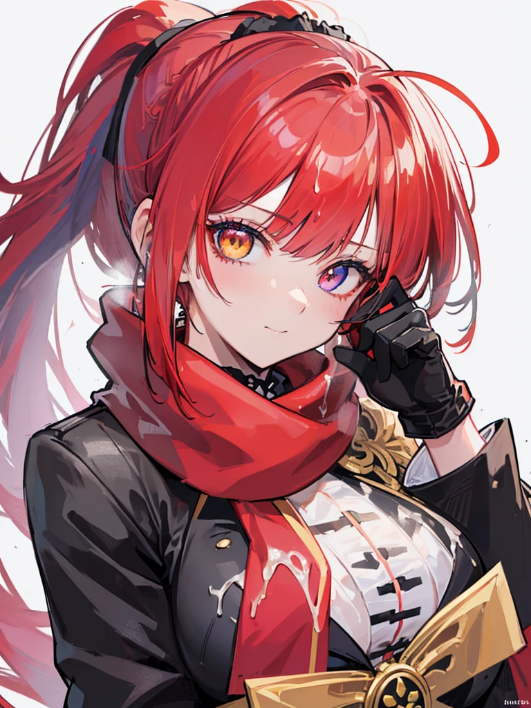 Face Focus , ((Highest quality)), ((Tabletop)), Perfect Face, Official Art,,Beautiful Face,Earrings,((((Crimson hair)))),heterochromia , ((right yellow eye)) , ((left blue eye)),(((Odd Eye))),Textured skin, Ultra high definition, Very detailed, ((((Blazer Uniform)))), ((((Close-up)))),((((One girl)))), Gauze, Simple Background, earrings,Wet Hair, ((((((Face-up)))))),bangs,((((独奏)))), Bangs between the eyes, choker,((((ponytail)))),smile,Ahoge Sideburns, (((Red scarf))),((((black gloves)))),(((big breast))),(saliva),((((bukkake)))),Cat ear