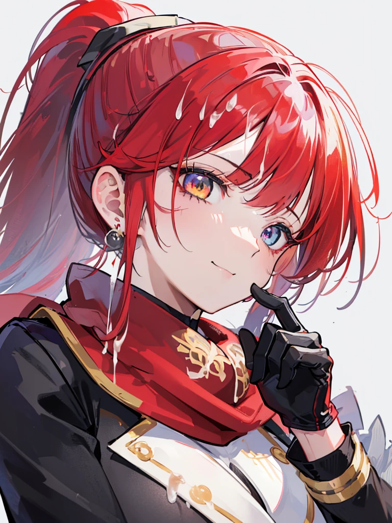 Face Focus , ((Highest quality)), ((Tabletop)), Perfect Face, Official Art,,Beautiful Face,Earrings,((((Crimson hair)))),heterochromia , ((right yellow eye)) , ((left blue eye)),(((Odd Eye))),Textured skin, Ultra high definition, Very detailed, ((((Blazer Uniform)))), ((((Close-up)))),((((One girl)))), Gauze, Simple Background, earrings,Wet Hair, ((((((Face-up)))))),bangs,((((独奏)))), Bangs between the eyes, choker,((((ponytail)))),smile,Ahoge Sideburns, (((Red scarf))),((((black gloves)))),(((big breast))),(saliva),((((bukkake)))),Cat ear