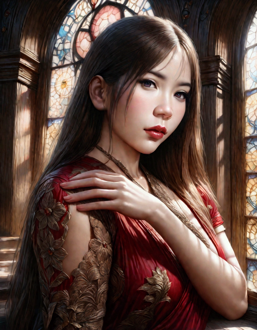 cute asian woman, 26 years old, long hair, large sword, sexy asian dress, overly large eyes, sensual pose, stained glass window, (best quality,4k,8k,highres,masterpiece:1.2),ultra-detailed,(realistic,photorealistic,photo-realistic:1.37),intricate details, cinematic lighting, dramatic shadows, vibrant colors, fantasy art, digital painting