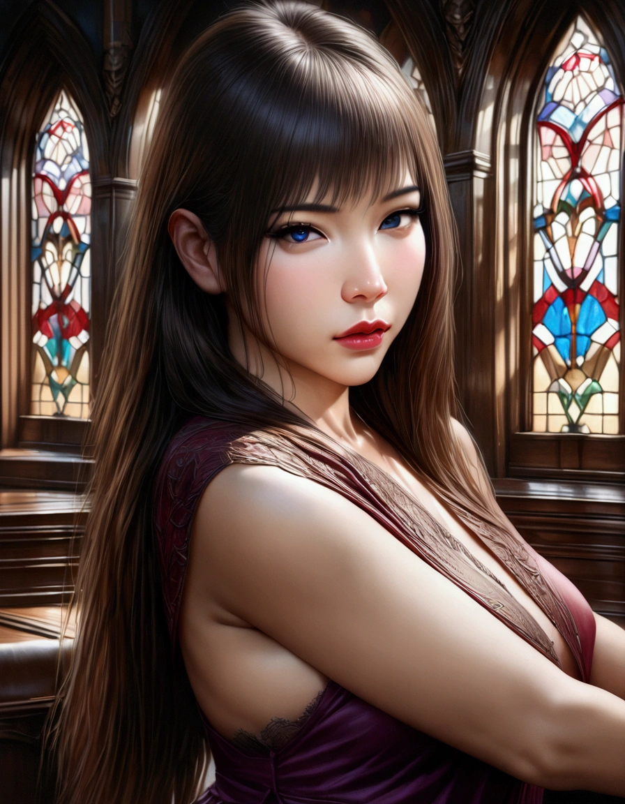 cute asian woman, 26 years old, long hair, large sword, sexy asian dress, overly large eyes, sensual pose, stained glass window, (best quality,4k,8k,highres,masterpiece:1.2),ultra-detailed,(realistic,photorealistic,photo-realistic:1.37),intricate details, cinematic lighting, dramatic shadows, vibrant colors, fantasy art, digital painting
