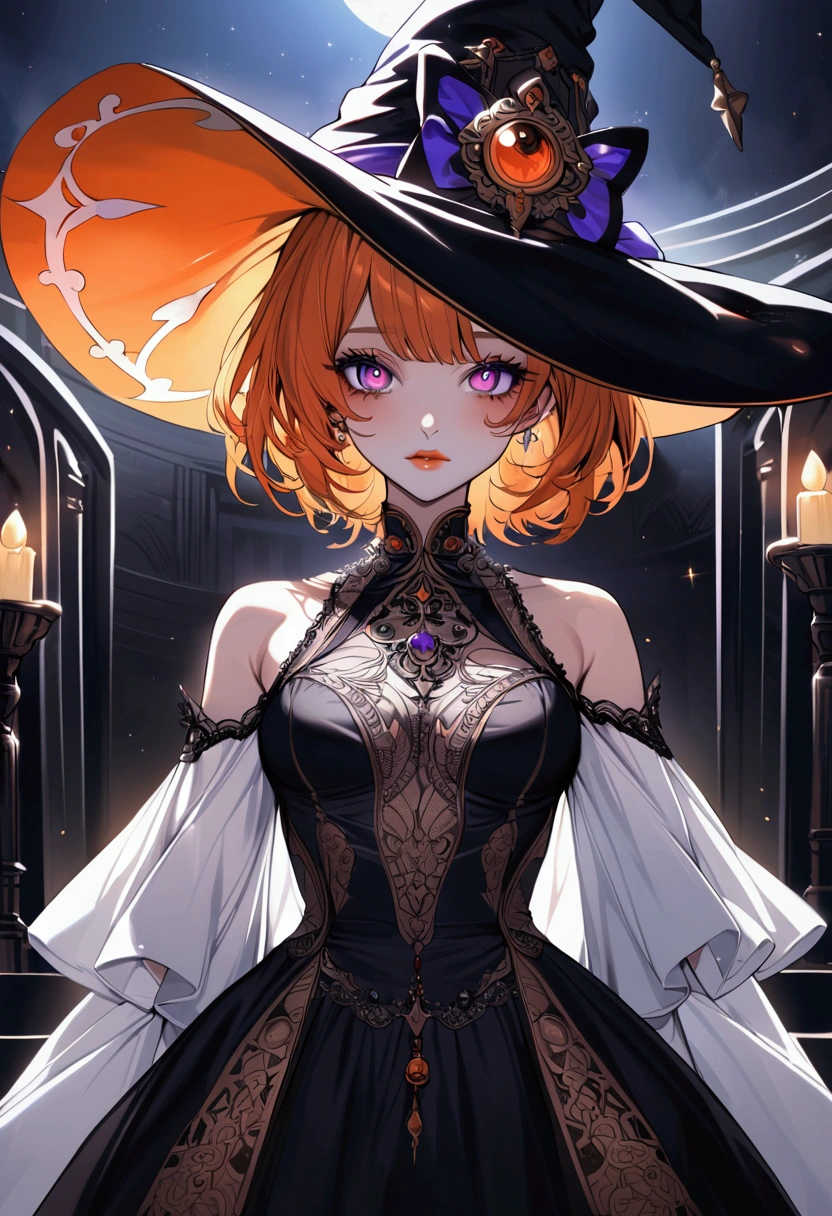 anime girl, orange hair, violet eyes, short hair, witch, witch hat, o, ultra detailed eyes, ultra detailed, detailed lips, detailed body, beautiful, dress 